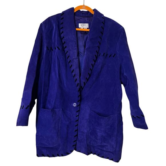 Vintage Audrey Jones Deep Royal Blue with Black Stitch Leather Suede Jacket - Picture 1 of 8